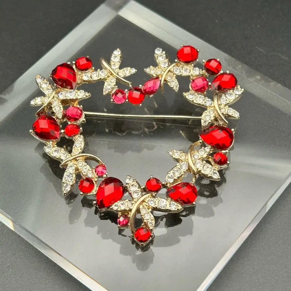 Anne Klein Heart Wreath Brooch #638 red rhinestones gold tone butterflies 2”+
